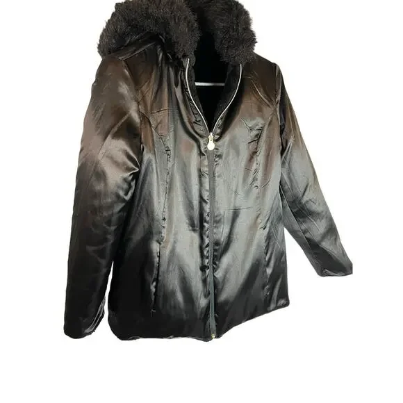 Susan Graver Black Reversible Coat Jacket Faux Fur Satin Hood S Small - Picture 5 of 13